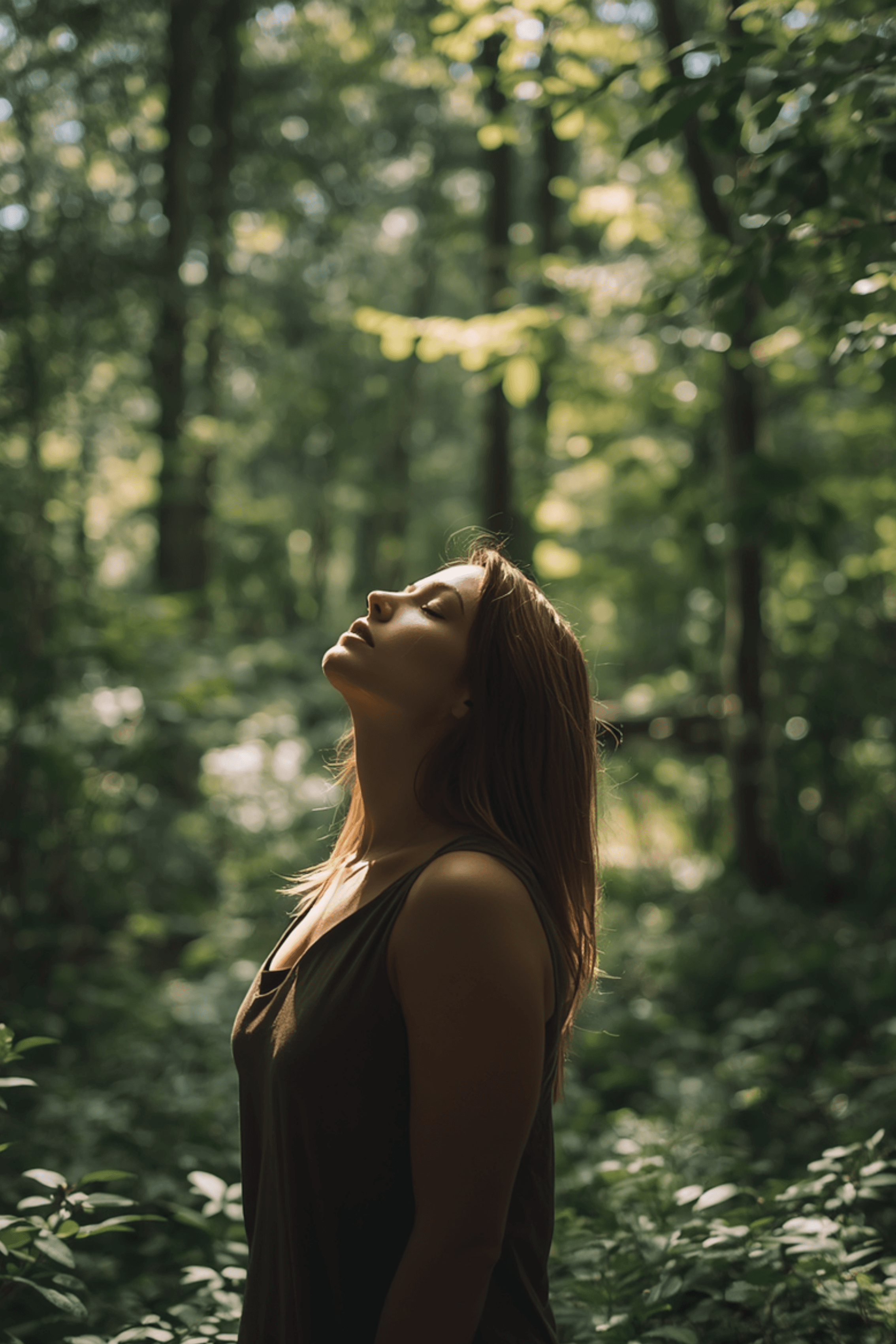 Femme apaisée, visage tourné vers la lumière dans une forêt
